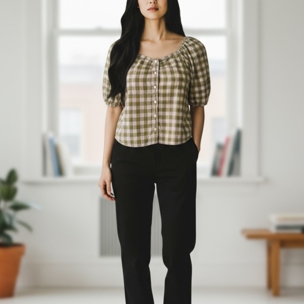 Universal Thread Gingham Puff Sleeve Blouse M Gre… - image 1